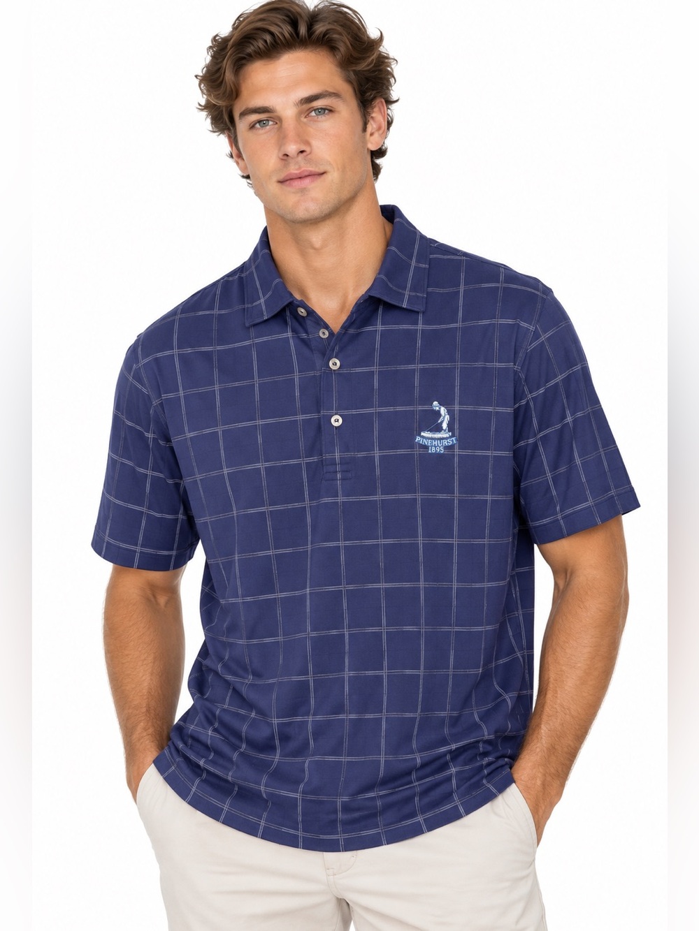 Peter Millar Pinehurst Navy Windowpane Polo Shirt - Men Size Large